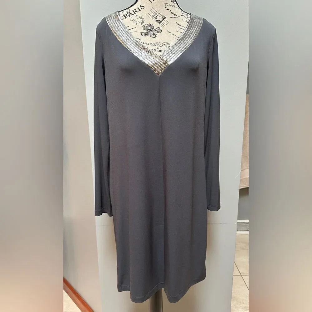 Calvin Klein Long Sleeve Grey V Neck Sequin cowl back Cocktail Dress Size 8
